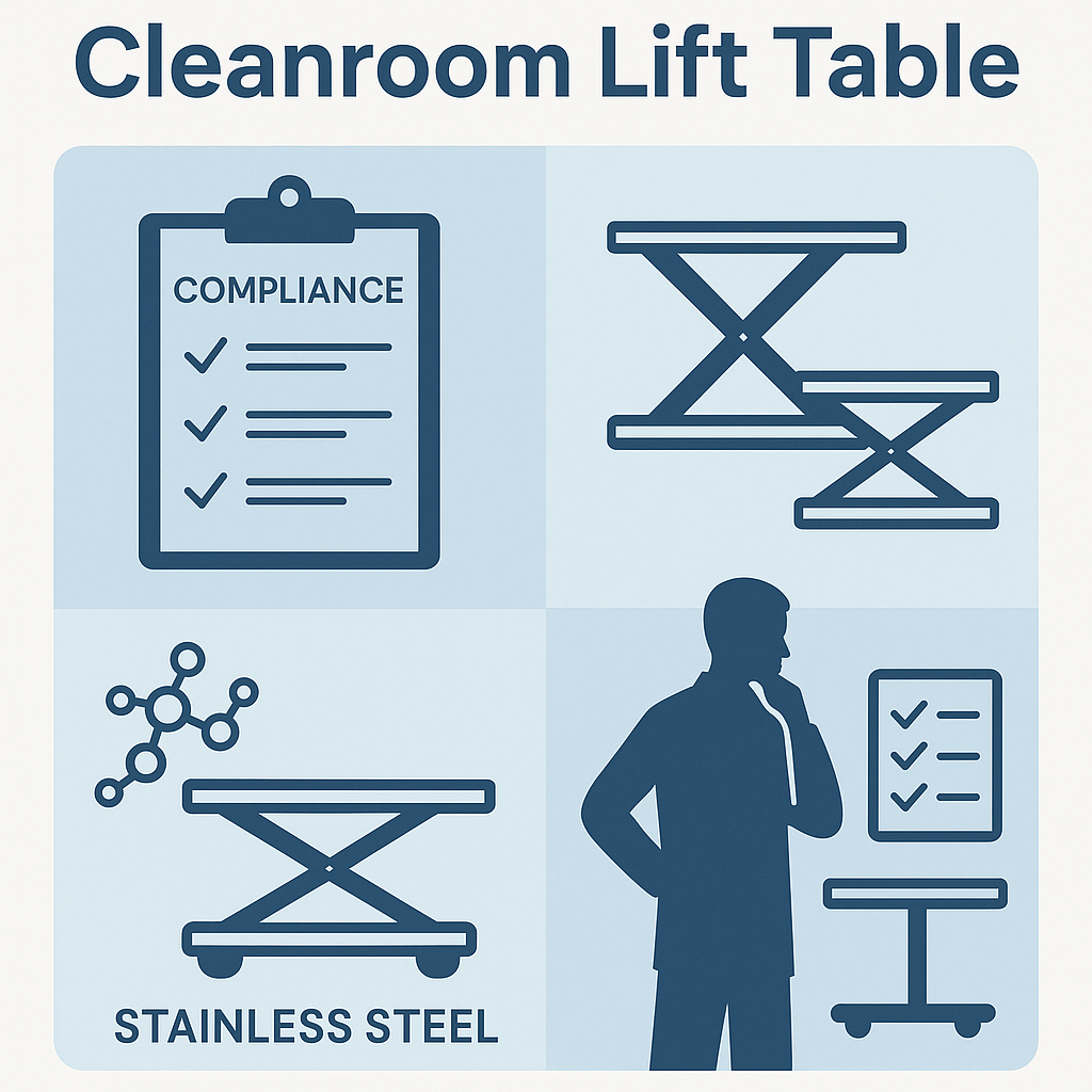 Illustrated guide showing cleanroom lift table types, compliance checklist, stainless steel design, and operator consideration.