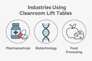 Infographic showing icons for pharmaceuticals, biotechnology, and food processing—top industries using cleanroom lift tables.