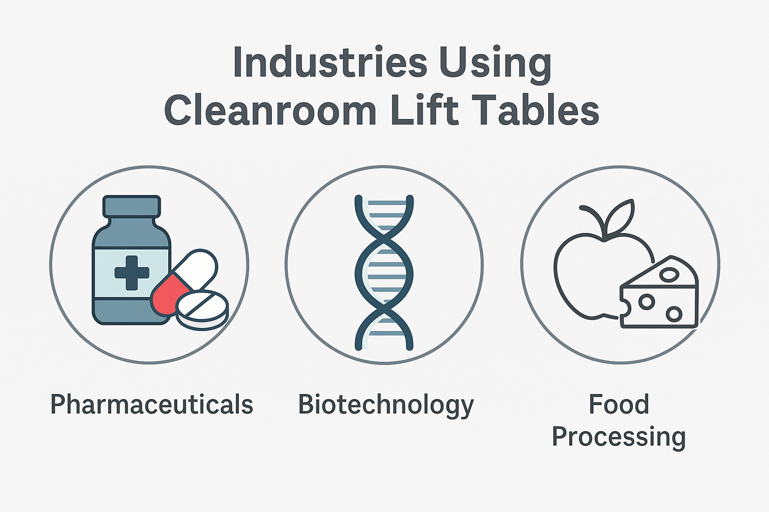 Infographic showing icons for pharmaceuticals, biotechnology, and food processing—top industries using cleanroom lift tables.