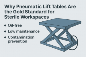Infographic showing a pneumatic lift table with text highlighting benefits like oil-free, low maintenance, and contamination prevention.