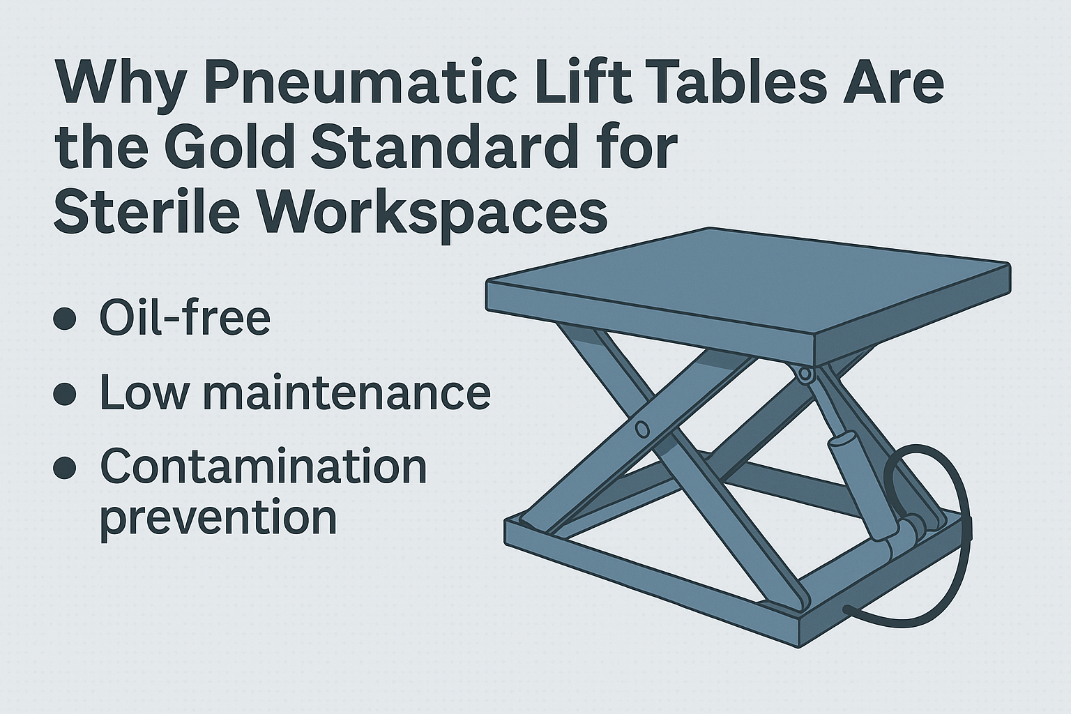Infographic showing a pneumatic lift table with text highlighting benefits like oil-free, low maintenance, and contamination prevention.